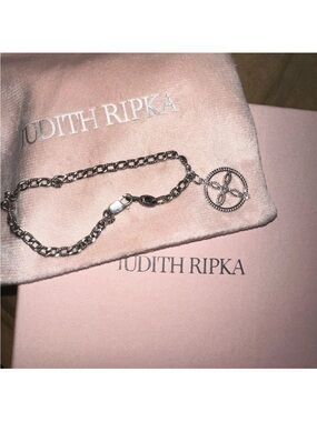 Judith Ripka Rhodium WHITE TOPAZ Sterling Silver Curb Chain Bracelet W/Charm
